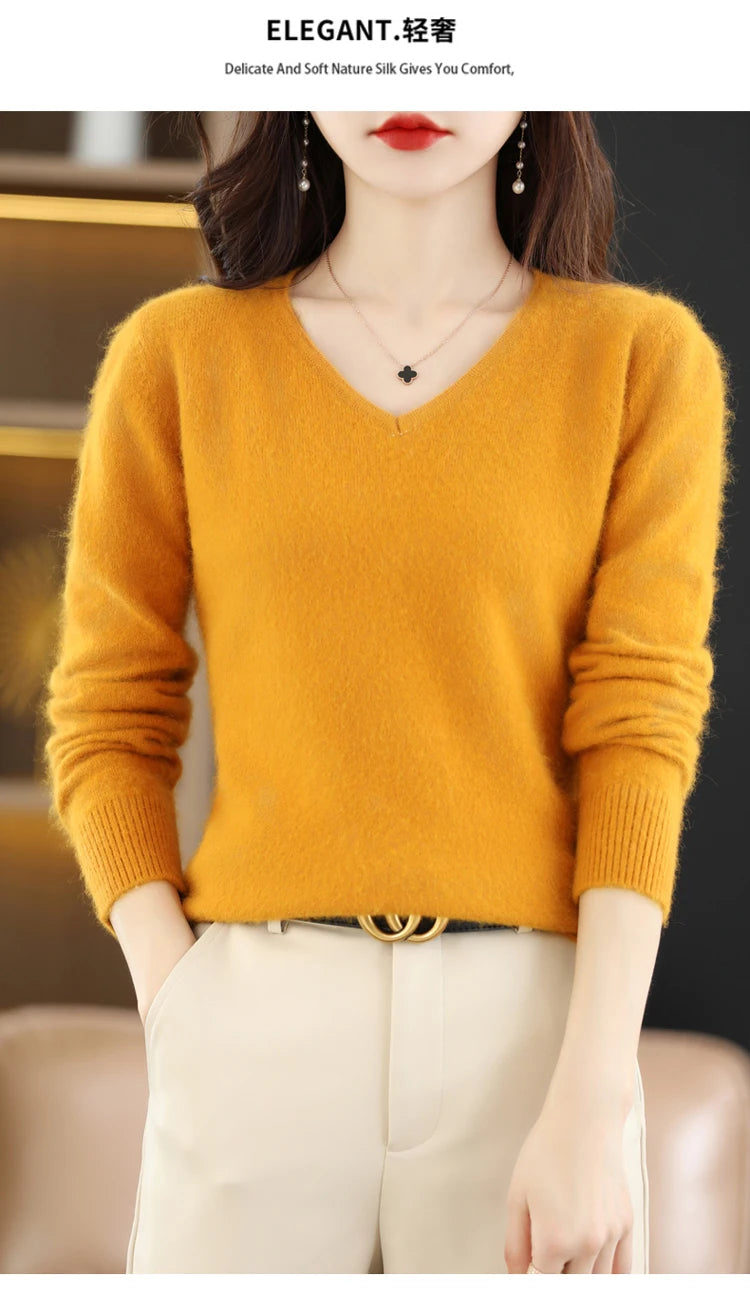 Soft Warm Loose Fit V Neck Cashmere Sweater for Women
