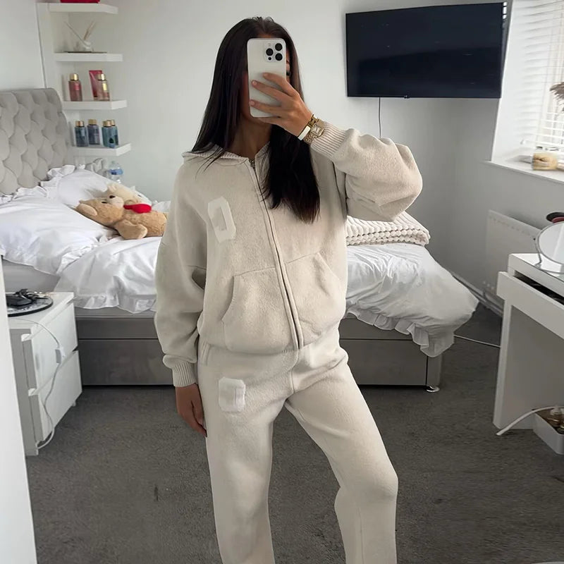 Letter Print Hooded Two Piece Set With Wide Leg Pants for Women