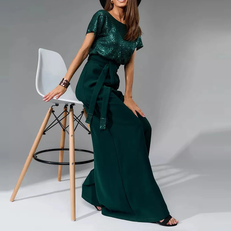 Sequin Patchwork High Waist Jumpsuit with Short Sleeves for Women