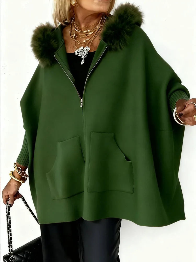 Elegant Fluffy Splicing Solid Loose Sweater Coat Autumn Winter Women Casual Knit Jacket Fashion Zip Long Sleeve Hooded Outercoat