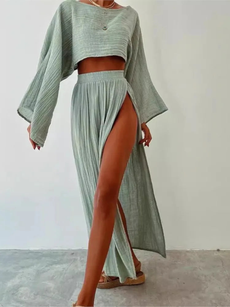 Casual Cotton Linen Blend Two Piece Skirt Set for Women