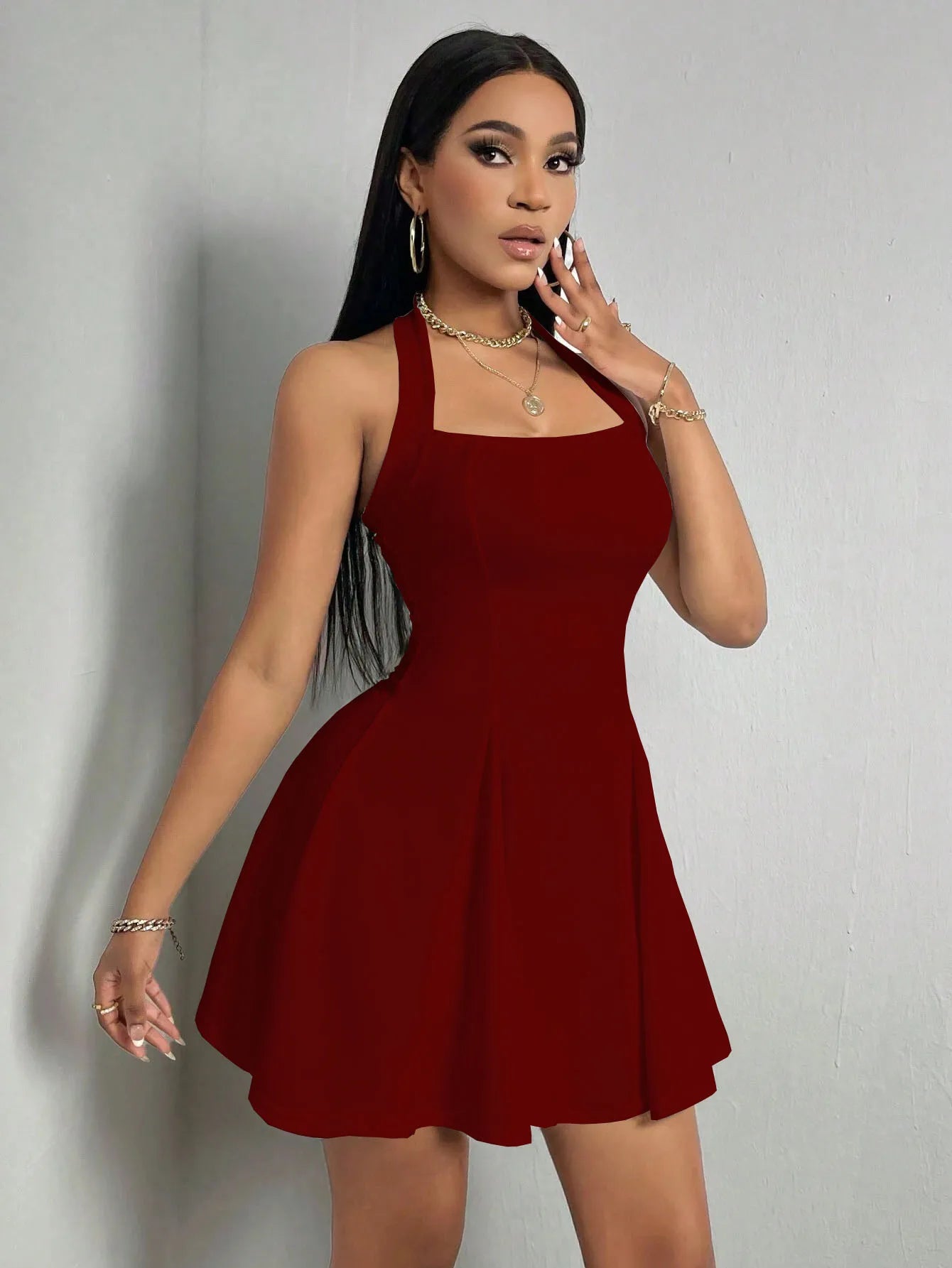 Womens Summer Sleeveless A-Line Skirt Sexy Mini Elegant Halter Neck High Waist Dress Party Club Evening Bodycon Dress 2024