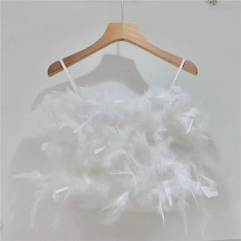 YEAE fluffy ostrich feather halter top design sense short small halter vest women's outer wear inner top tide