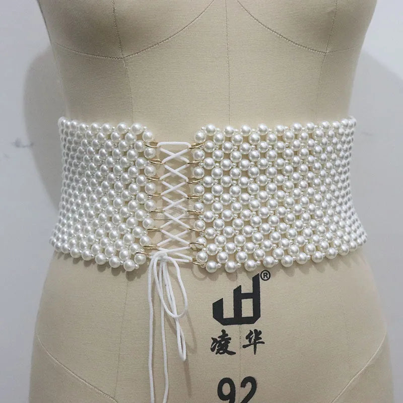 Pearl Rhinestone Elastic Waist Chain Belt for Women