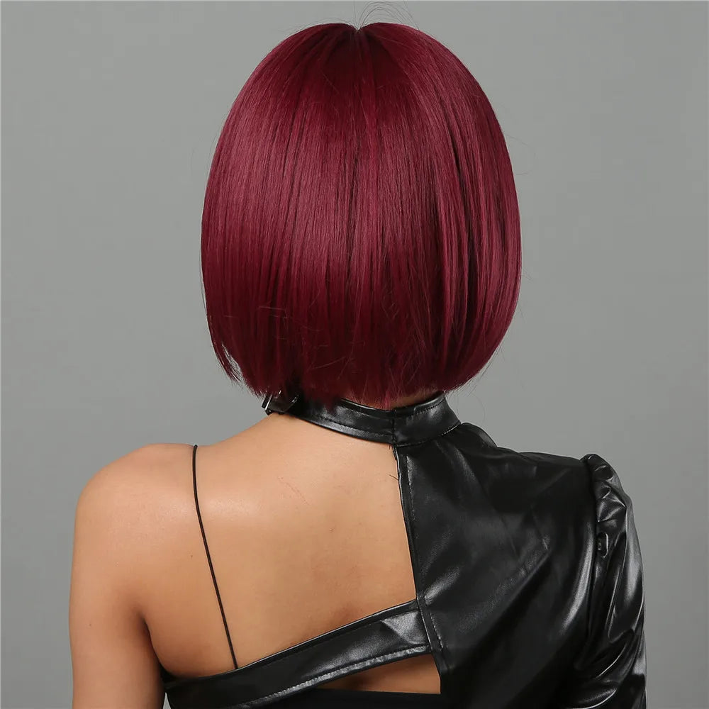 Heat Resistant Wine Red Bob Wig With Thick Bangs for Women