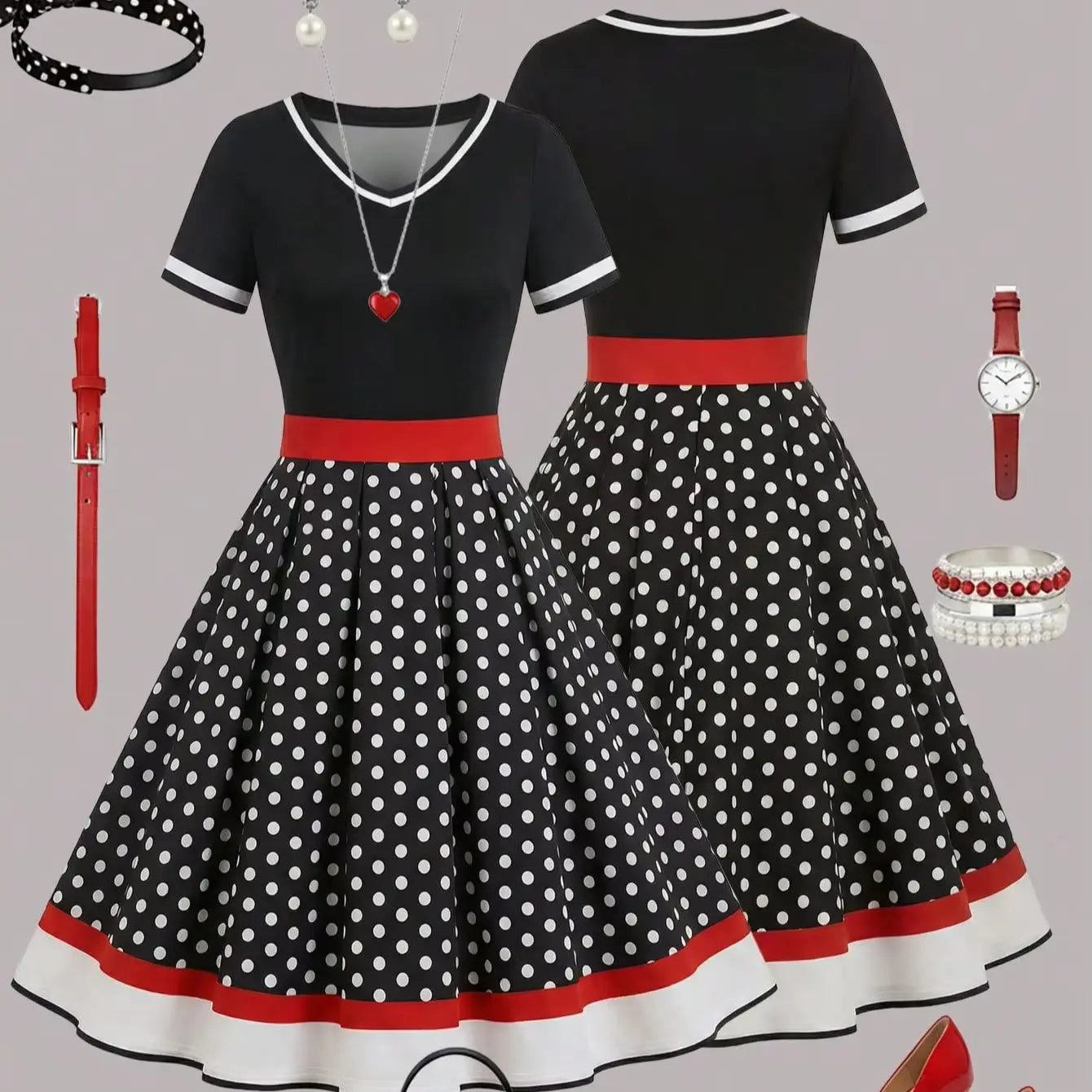 Women's Retro Black And White Polka Dot Midi Dress With Elegant V Neck Short Sleeves And Flared A Line Skirt Sleeve Polka Dot Pleated Dress For