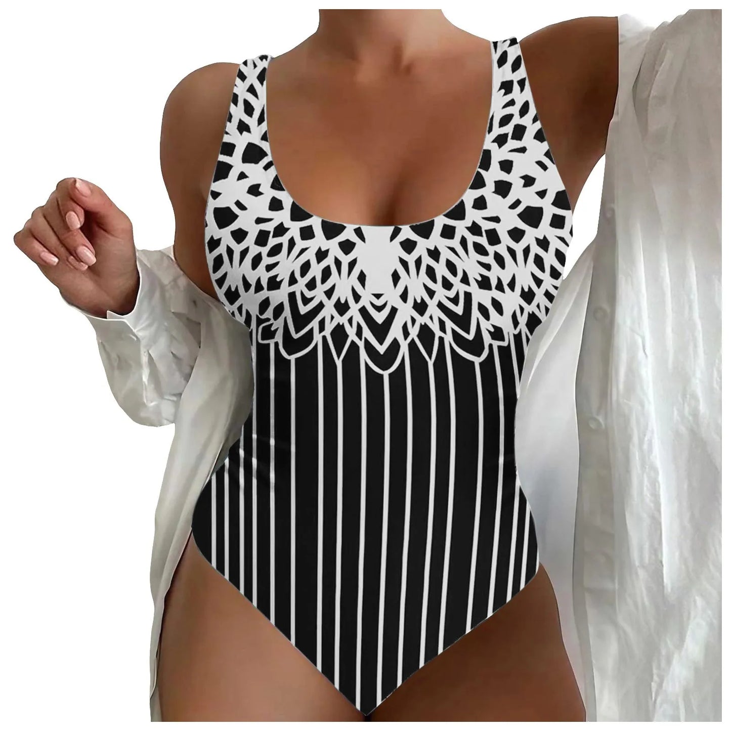 Plus Size U Neck Striped Print Figure Shaping Swimsuit for Women