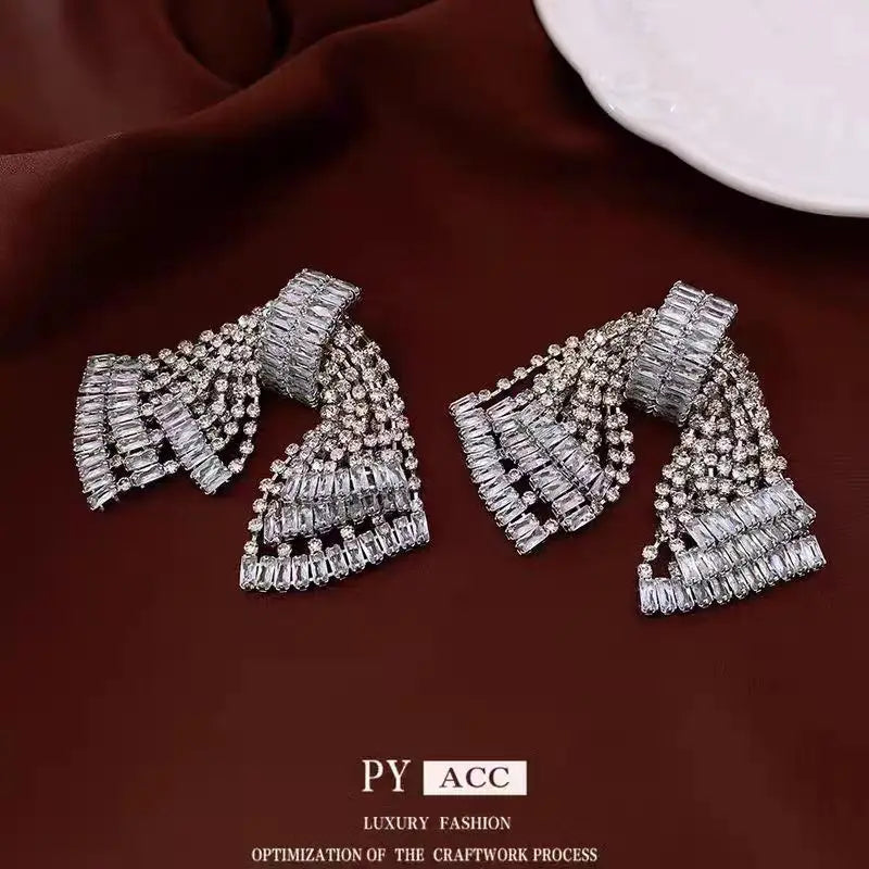 Elegant Sparkling 3D Bow Zircon Drop Earrings for Women