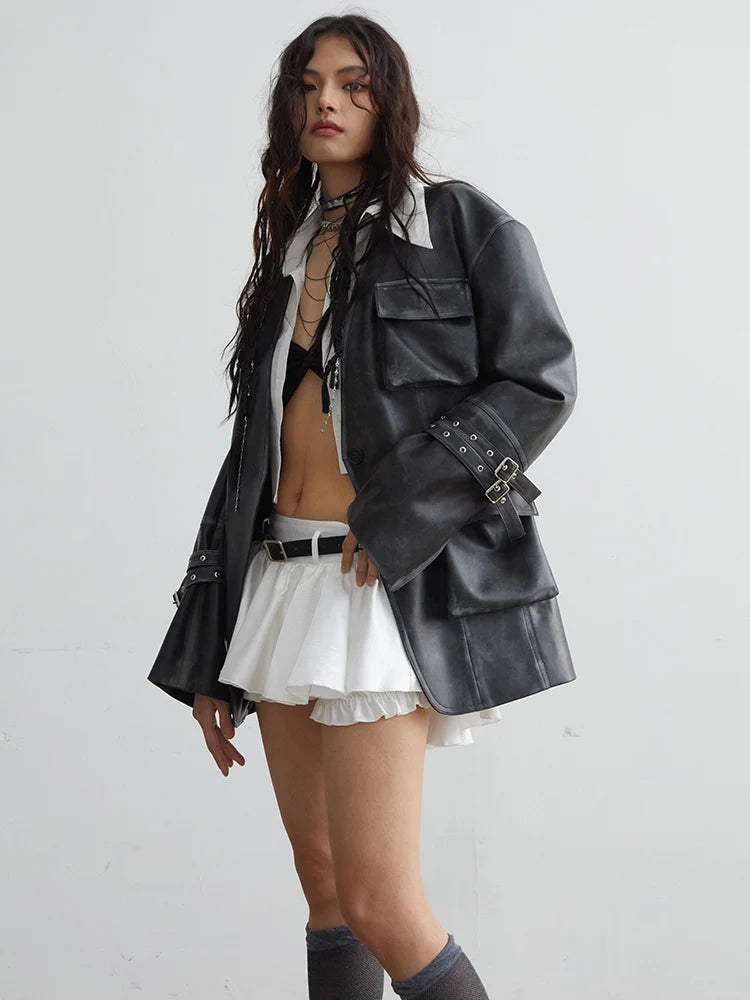 Loose Fit Black Faux Leather Jacket With Pockets for Women