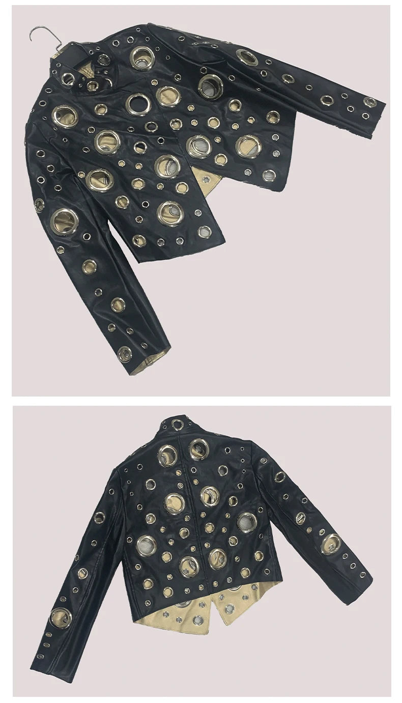 Sequin Hollow Out Patchwork Faux Leather Jacket For Women