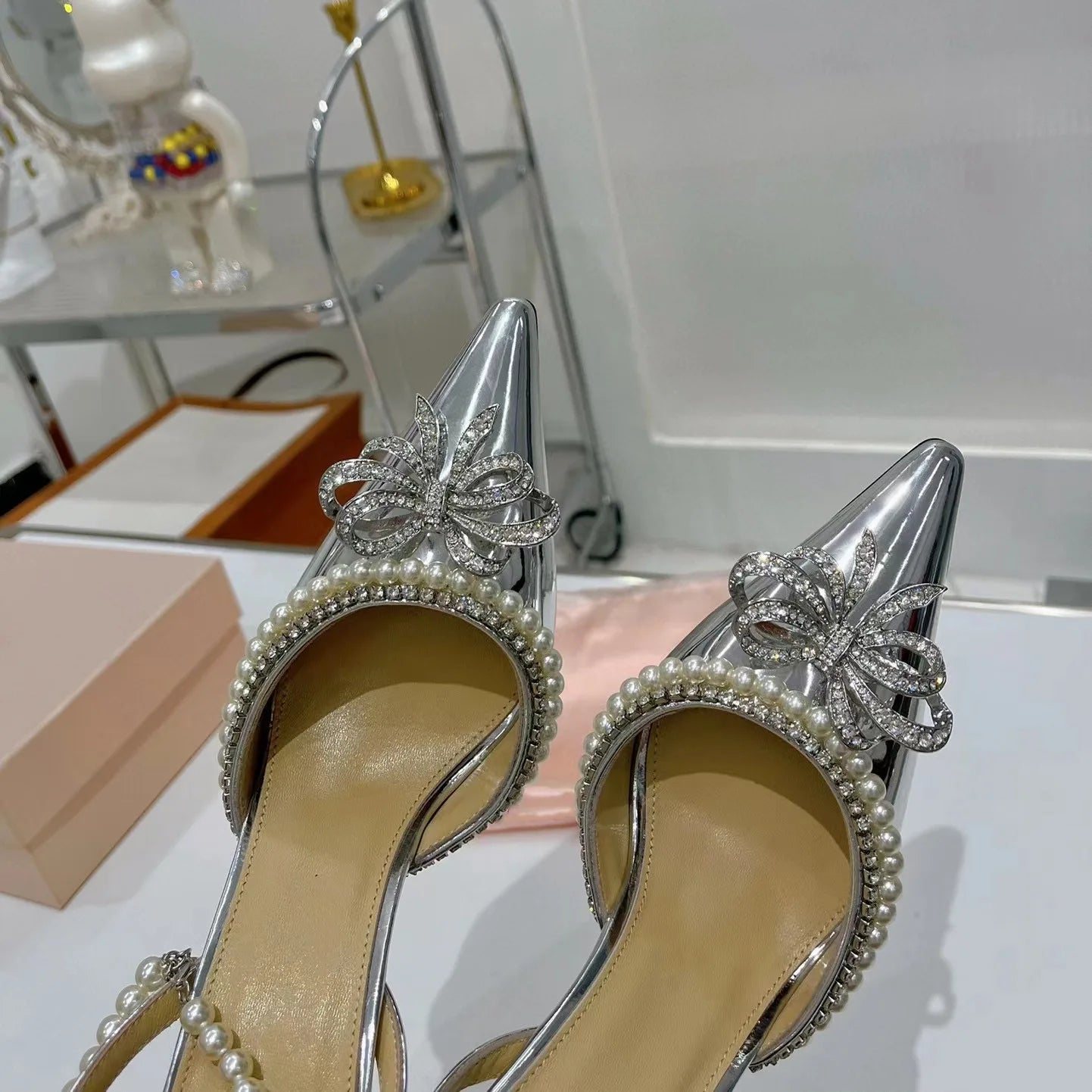 Candy Color Crystal Bow Pearls Buckle Sandals Design Women Rhinestones Bow Pointed Toe Pearls Buckle Slingback 8Cm Heel Sandals