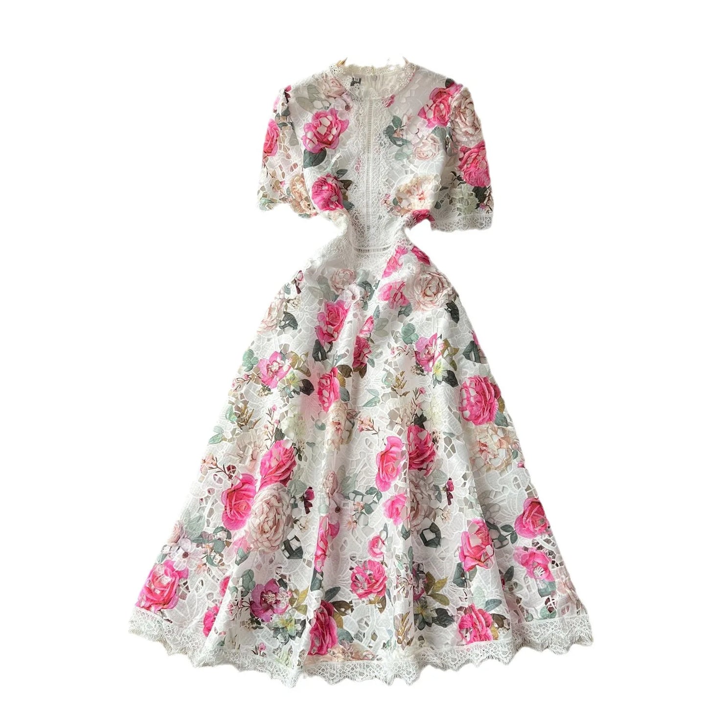 Elegant French Style Vintage Lace Printed Dress for Women
