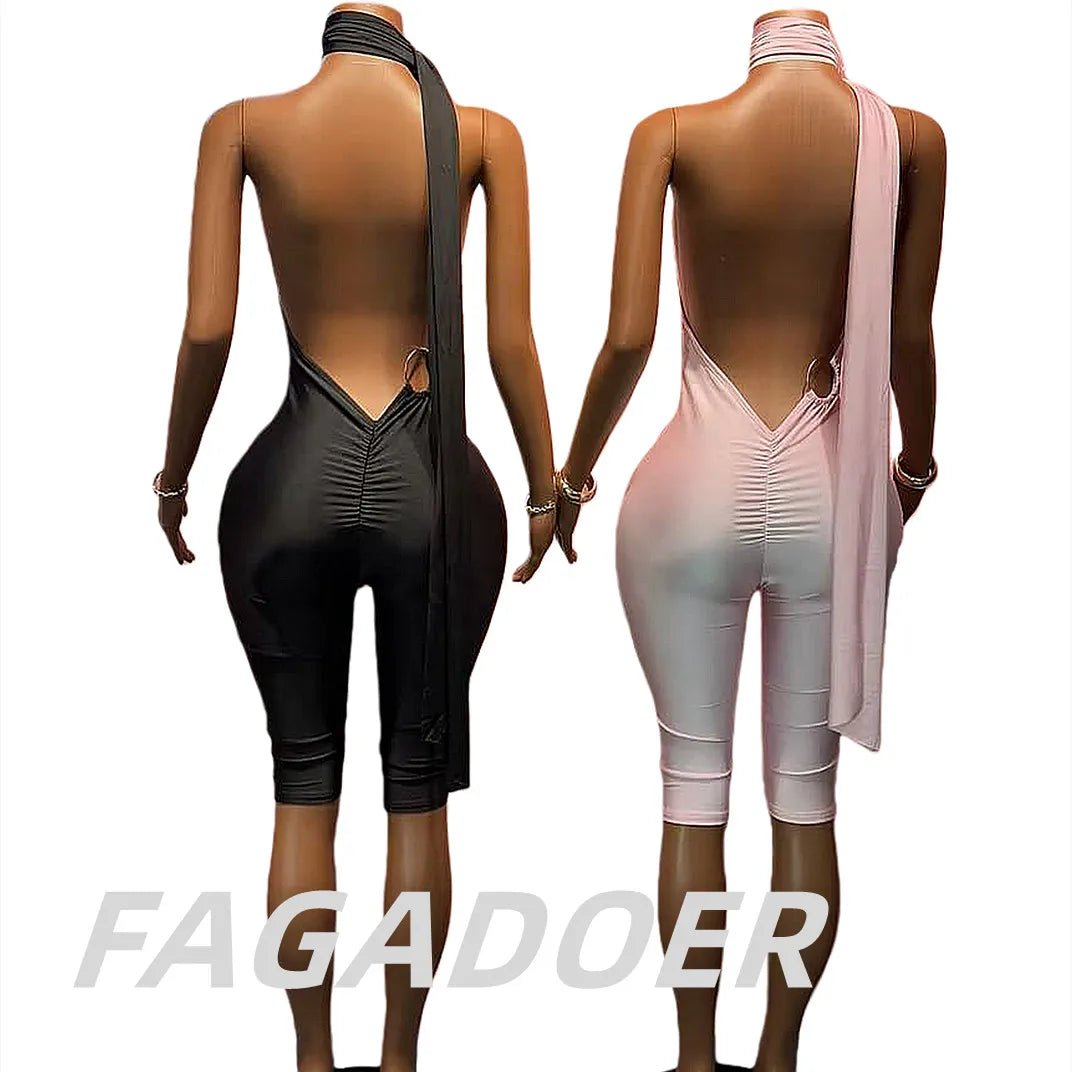 Sexy Ruched Backless Halter Bandage Jumpsuit for Women