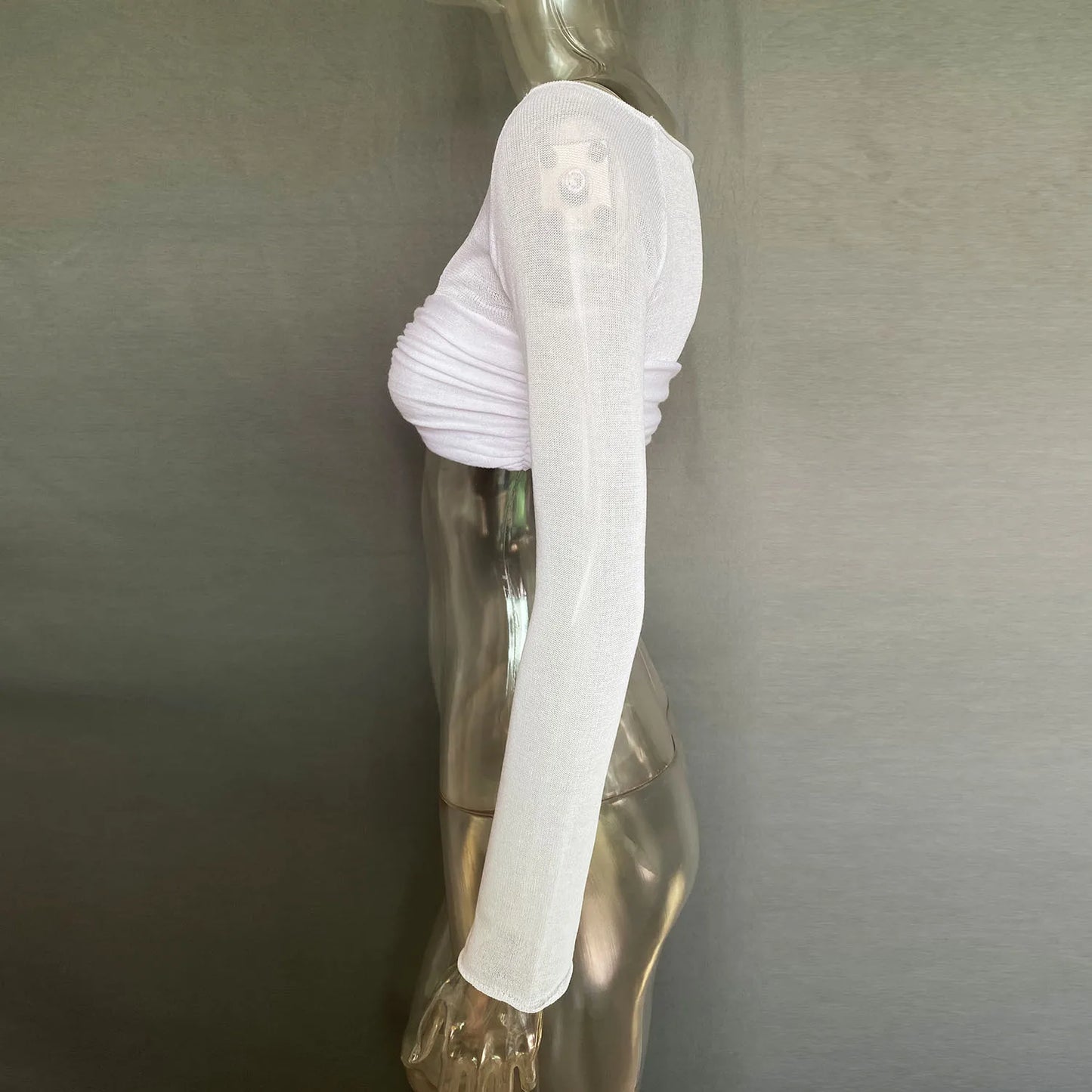 Cryptographic Elegant Front Ruched Cropped Top for Women Fashion Long Sleeve Off Shoulder Sexy Backless Sheer Knit Mini Top Slim