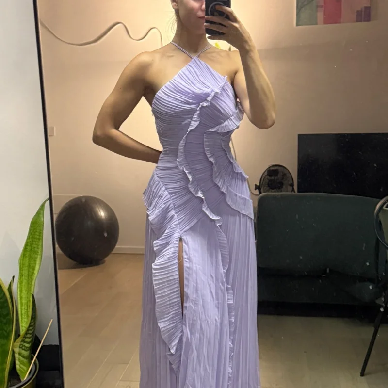 Chic Pleated Halter Neck Long Vacation Dress High Quality Purple Strapless Lotus Edge Maxi Dress 2025 New Lady Vacation Gown