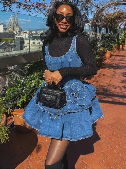 Chic Summer 3d Floral Denim Mini Dress Vintage A Line Halter High Street Sling Dress Vesidos Fashion New Lady Clothing Dress