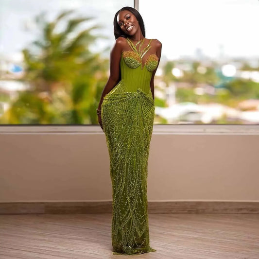 Green Beaded Lace Corset Prom Gown