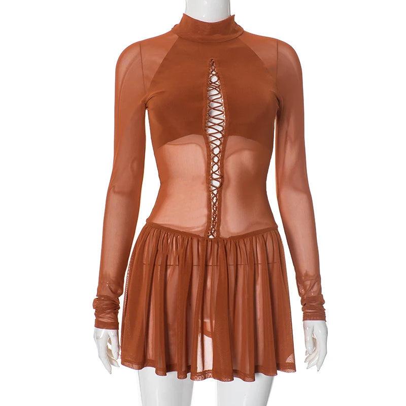 Mesh Patchwork Pleated Bodycon Mini Dress for Women