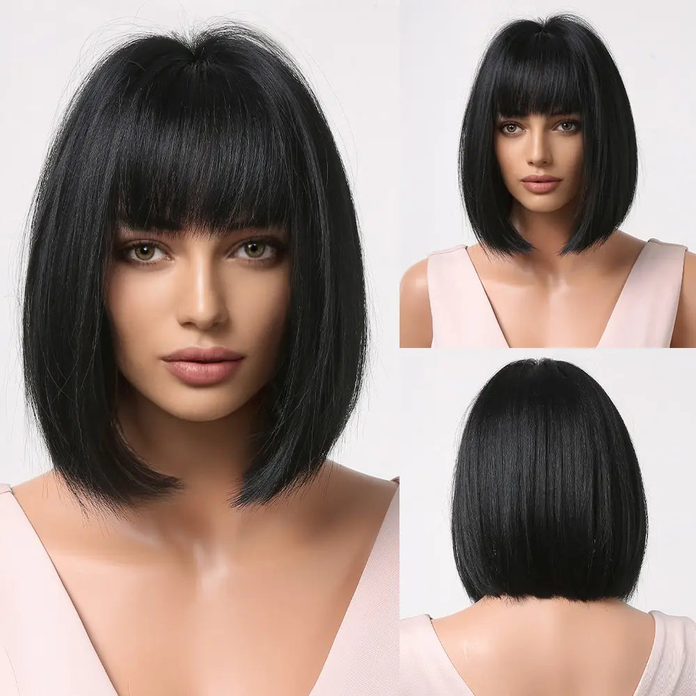 Heat Resistant Wine Red Bob Wig With Thick Bangs for Women