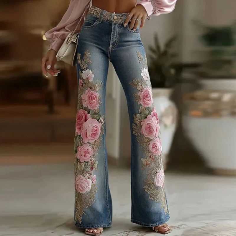 Retro Pink Rose Flower Print Women's Pants Spring Fashion High Waist Slim Imitation Jeans Autumn Pocket Street Straight Trousers