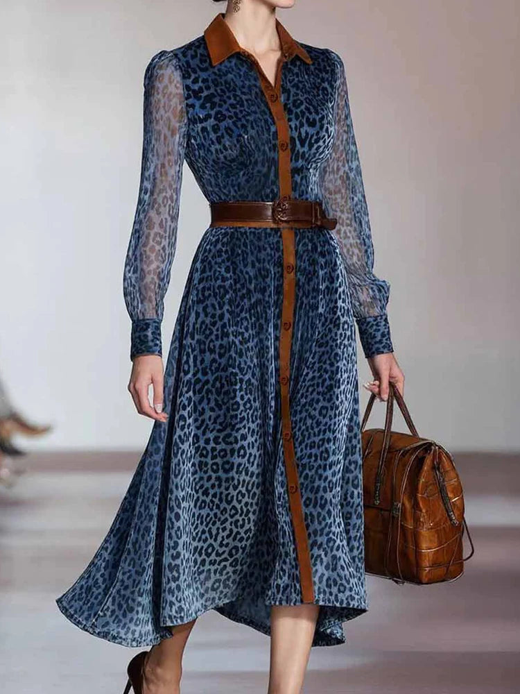 Lapel Retro Patchwork Printing Party Dress, Spring Autumn Women Long Sleeve Chic Maxi Dress, 2025 Buttons Elegant Ladies Dresses