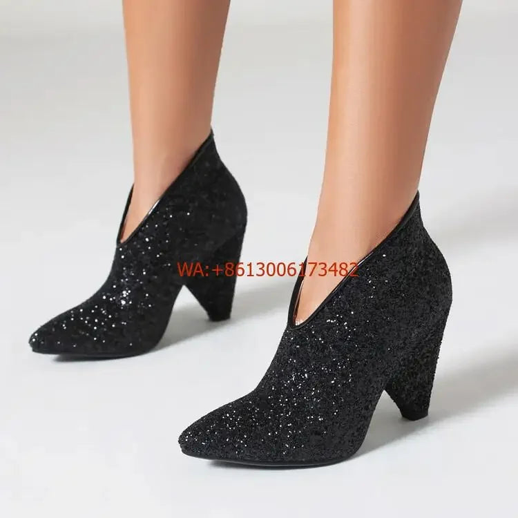 New Blingbling Pointed Toe Women Chunky Spike Heel Sequins Ankle Boots V Open Slip On Spike Heel Pointy Sequined Boots Size 43