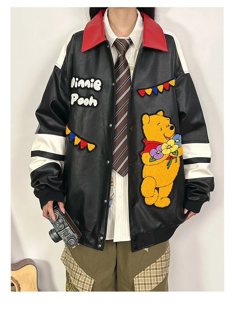 American Retro Bear PU Leather Jacket for Women Autumn and Winter Casual Loose Top Loose-Fitting Casual Couple Leather Jacke