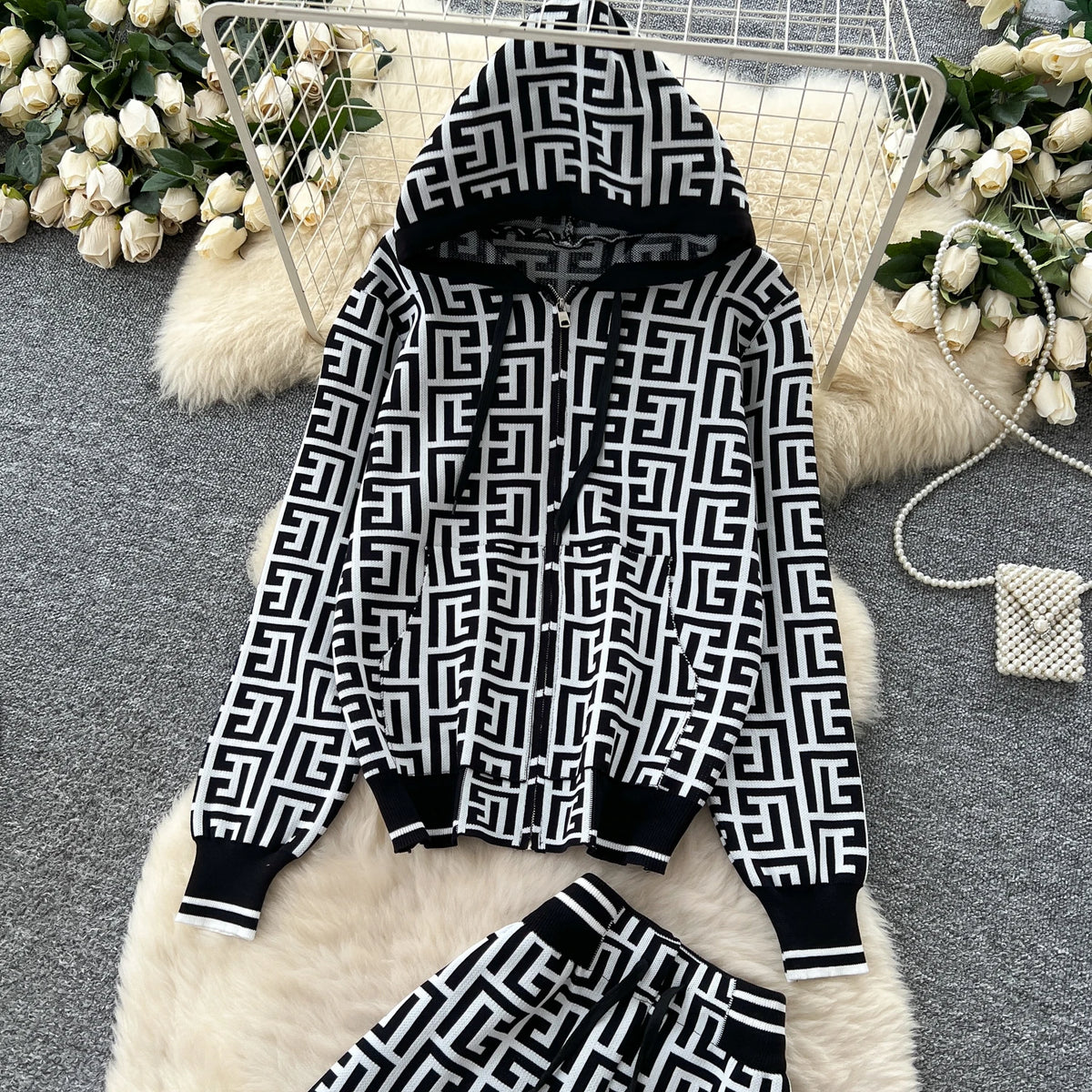 Geometric Print Hooded Knit Two Piece Set for Women