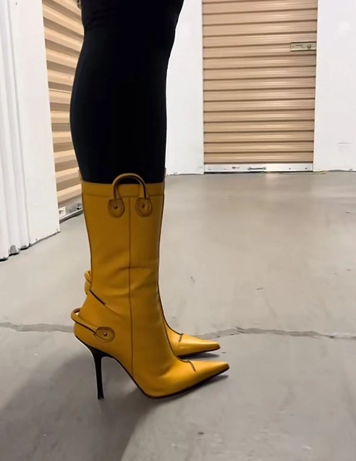 Elegant Yellow Leather Pointy Toe Knee High Boots for Women
