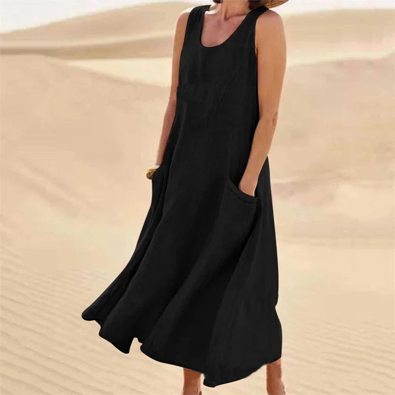 Casual Sleeveless Midi Dress With Side Pockets For Women