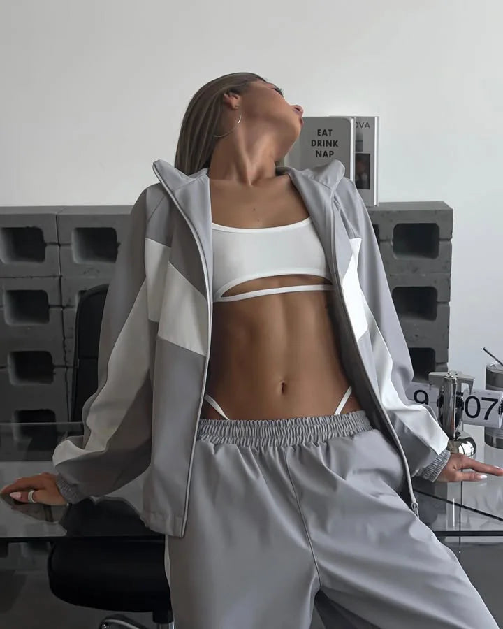 Casual Contrast Color Zipper Tracksuit Set for Women