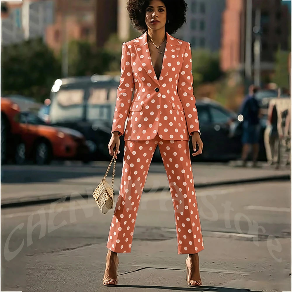 White Polka Dot Women's Suit 2 Pieces New Design Single Button Blazer Ankle Pants Fashion Set Formal Party Business Office Wear