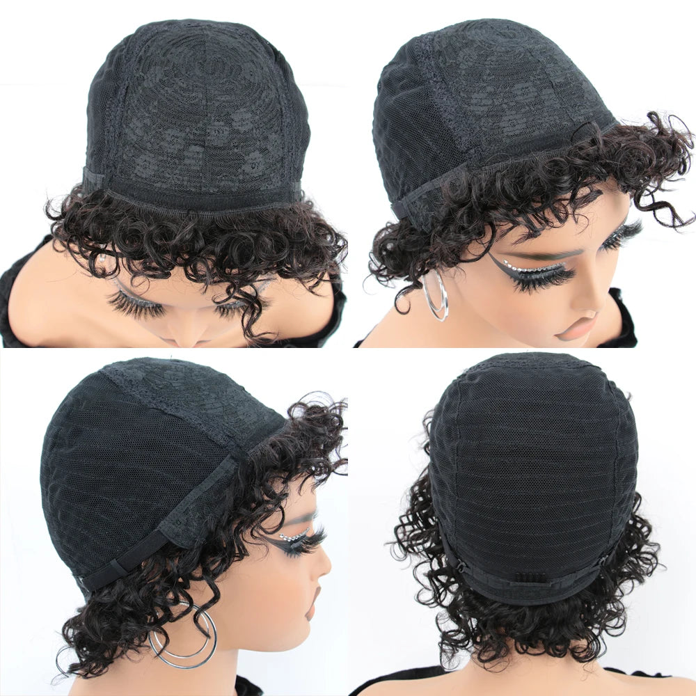Short Curly Human Hair Wig With Bangs Afro Wig None Lace Front Human Hair Wigs for Black Women 180% Density Kinky Curly Wigs