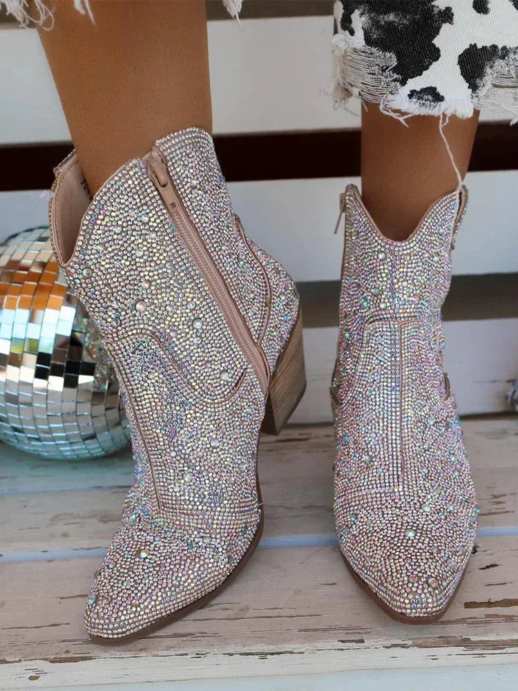Glitter Western Ankle Boots With High Heels for Women