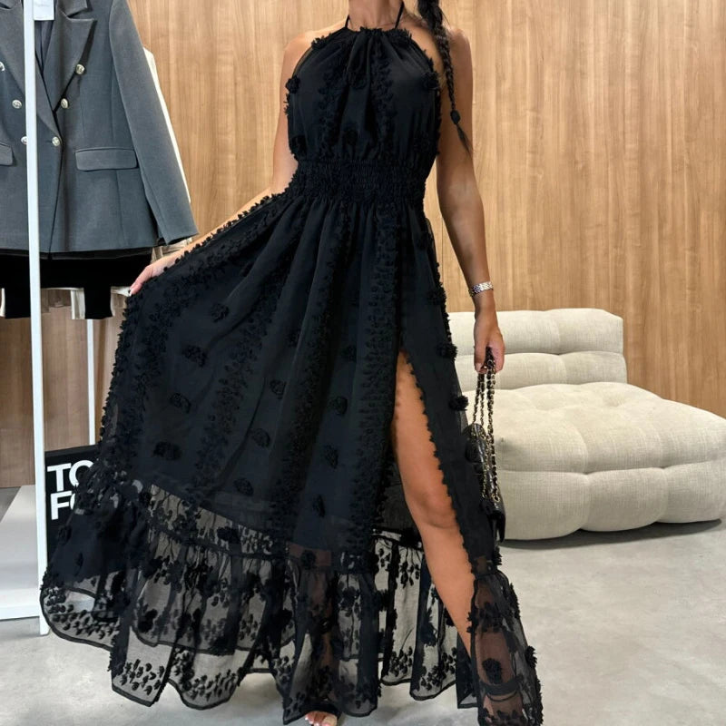 Summer Halter Jacquard Backless Maxi Dress for Women