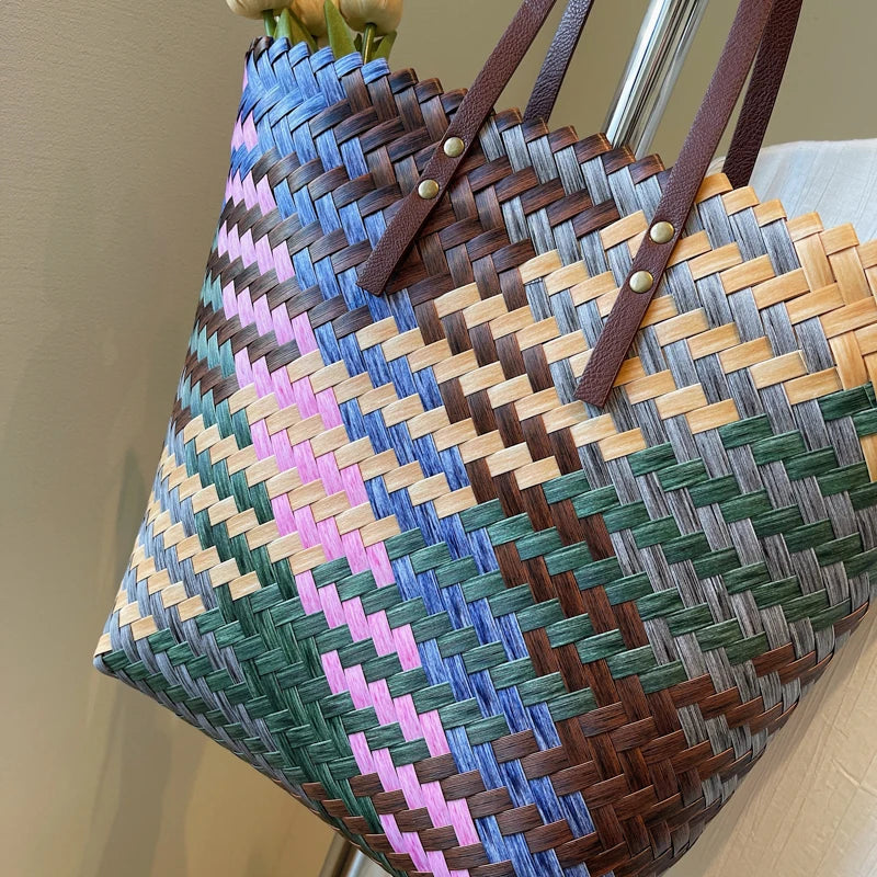 Colorful Braided PVC Tote Bag for Women With Large Capacity