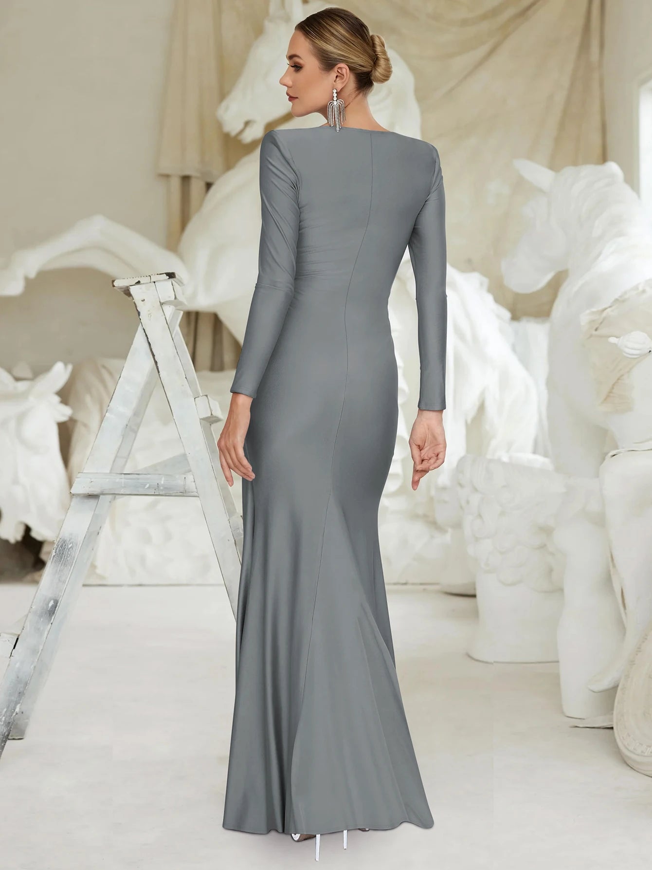 Elegant Ruched Long Sleeve Pleated Maxi Dress for Women