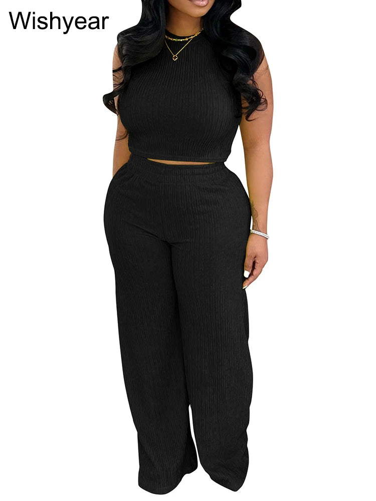 Women's Fashion 2-Piece Set Sleeveless O-Neck Crop Top with Wide Leg Pants Streetwear Casual Autumn Sports Outfit Tracksuit 2025