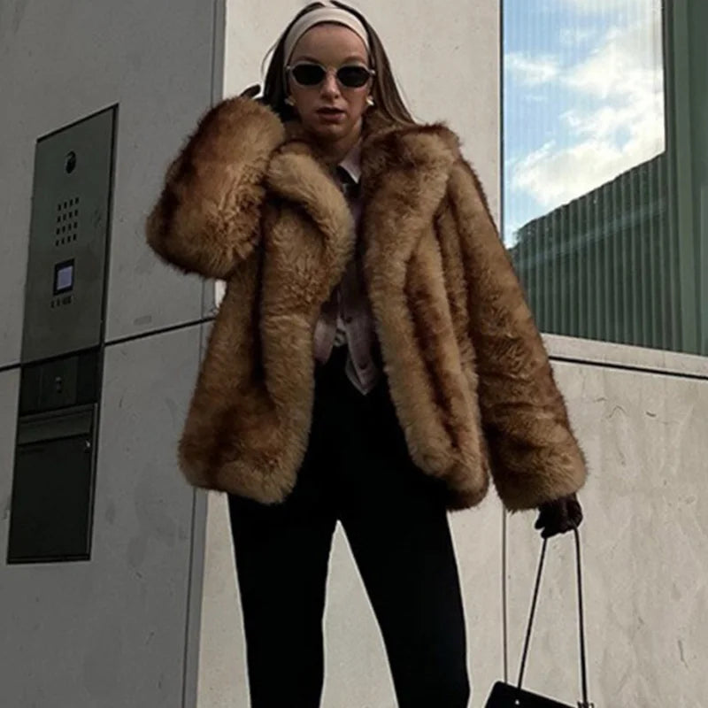 Lapel Collar Faux Fur Coat