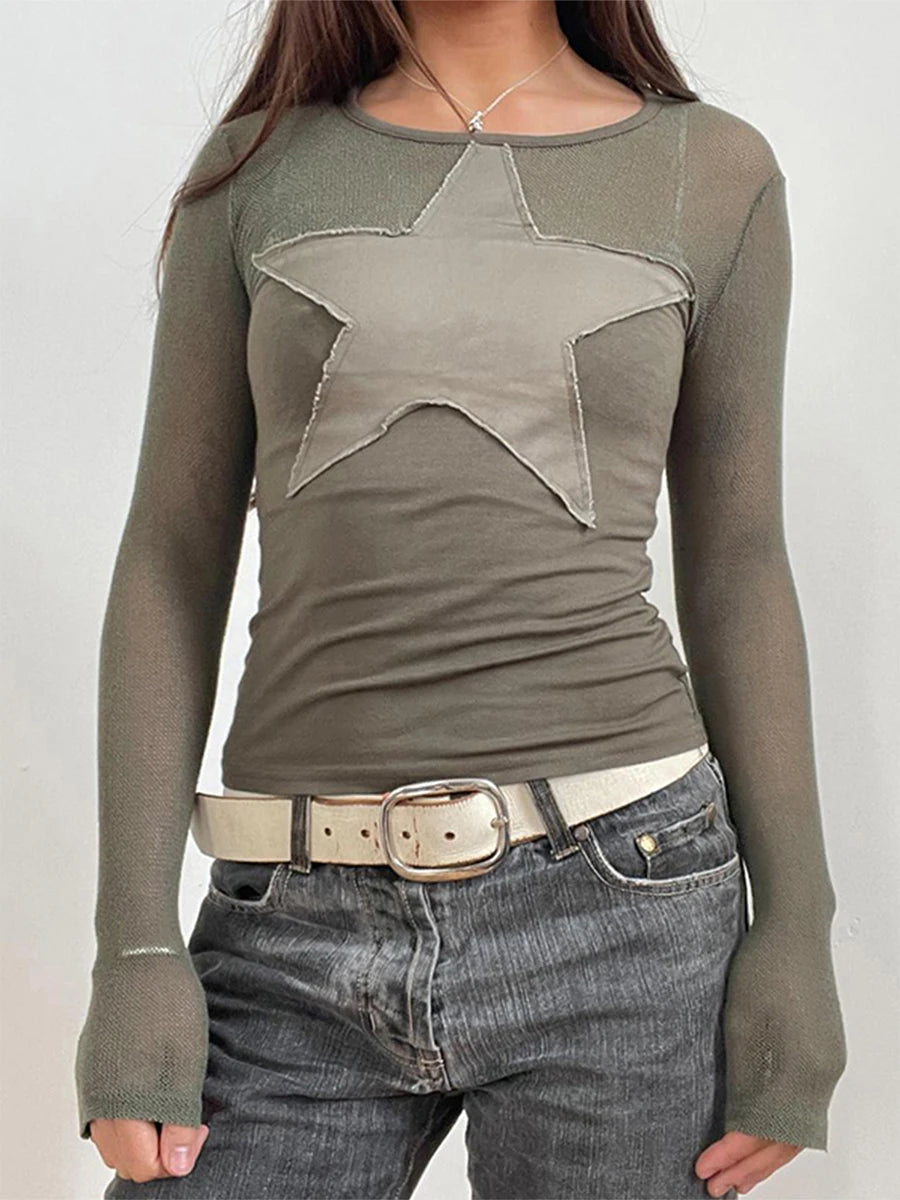 Women'S Basic T-Shirt Star Shaped Sticker Top Slim Fit Round Neck Long Sleeved T-Shirt Autumn Retro Casual Street Wear top