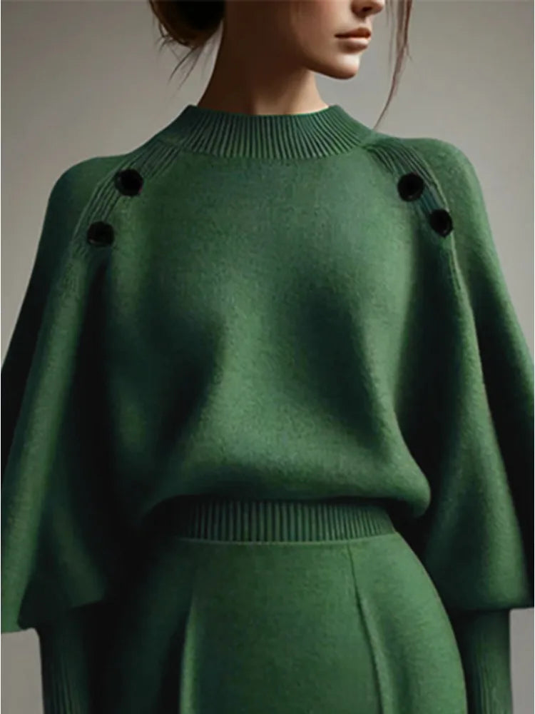 Elegant Green Round Neck Balloon Sleeve Knit Sweater for Women
