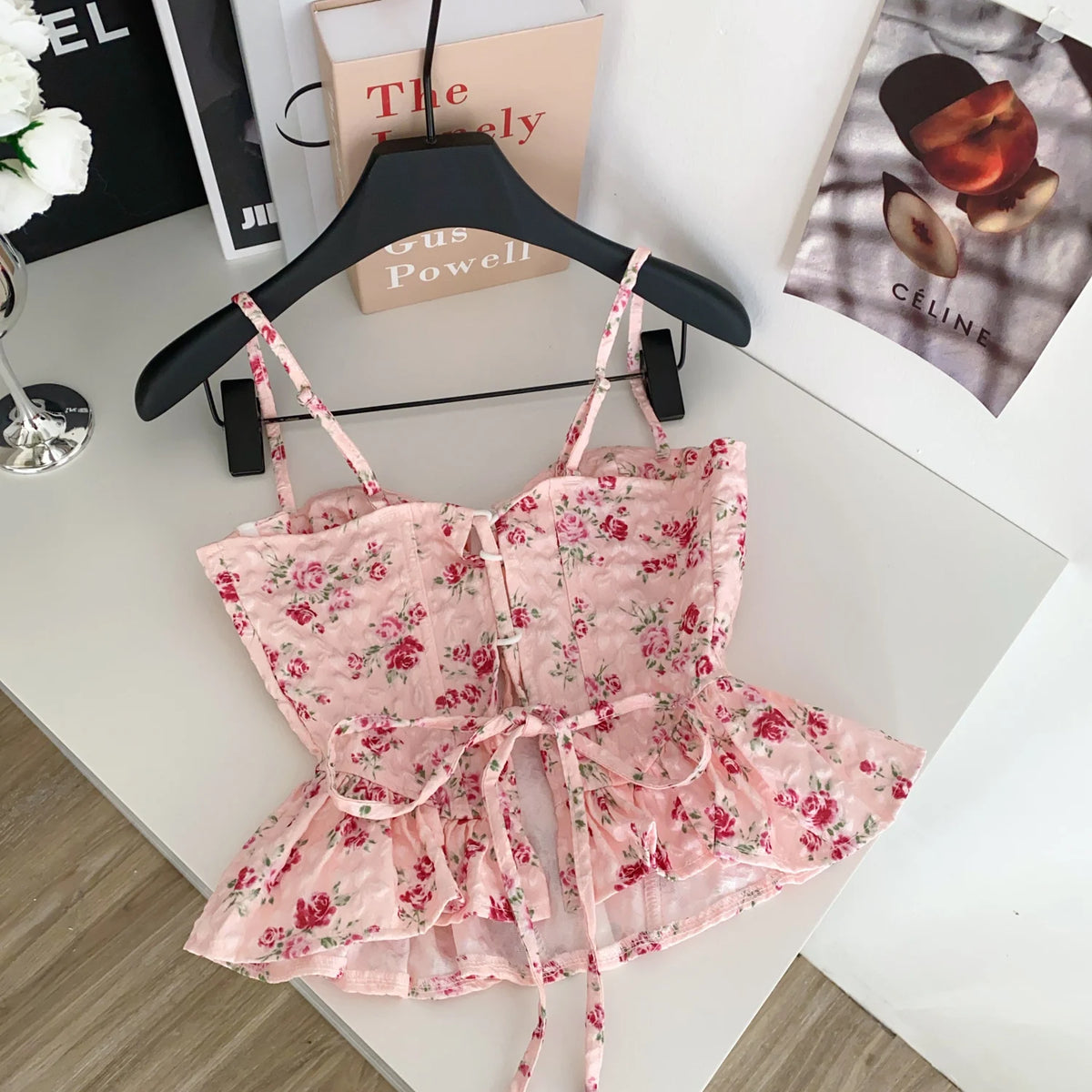 French Corset Print Ruffle Strap Tank Top for Women