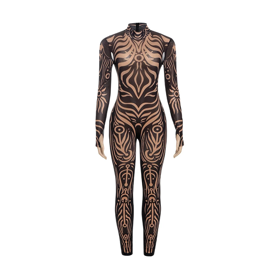 Nibber See Through Jumpsuit Women High Neck Vintage Print Long Sleeve Stretch Skinny Sexy Midnight Fashion Wild Street Outfits