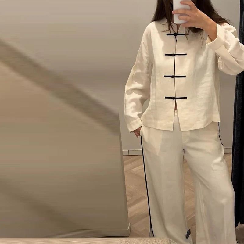 Casual Cotton Coat And Wide Leg Trouser Set for Women