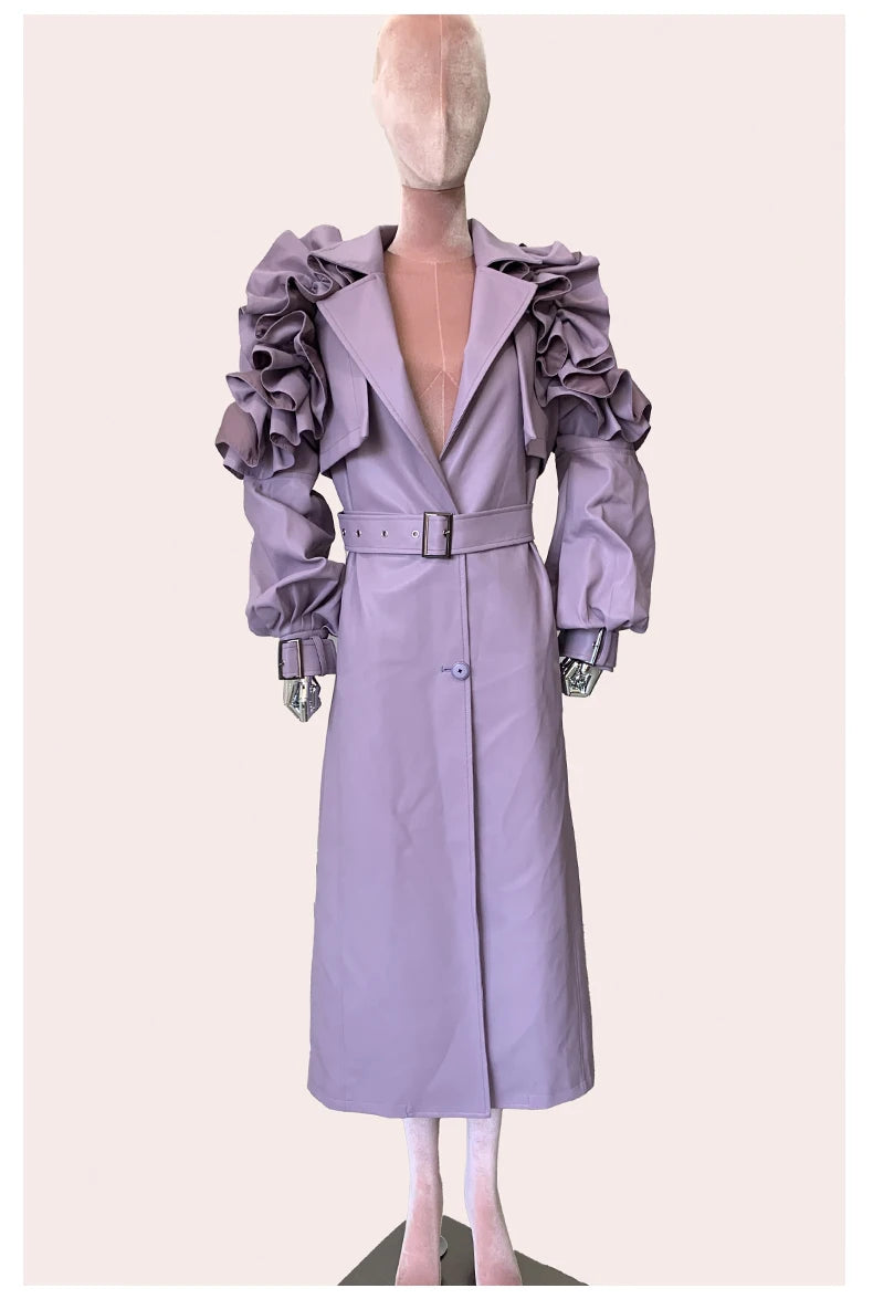 Long Purple Faux Leather Trench Coat With Ruffled Collar For Women