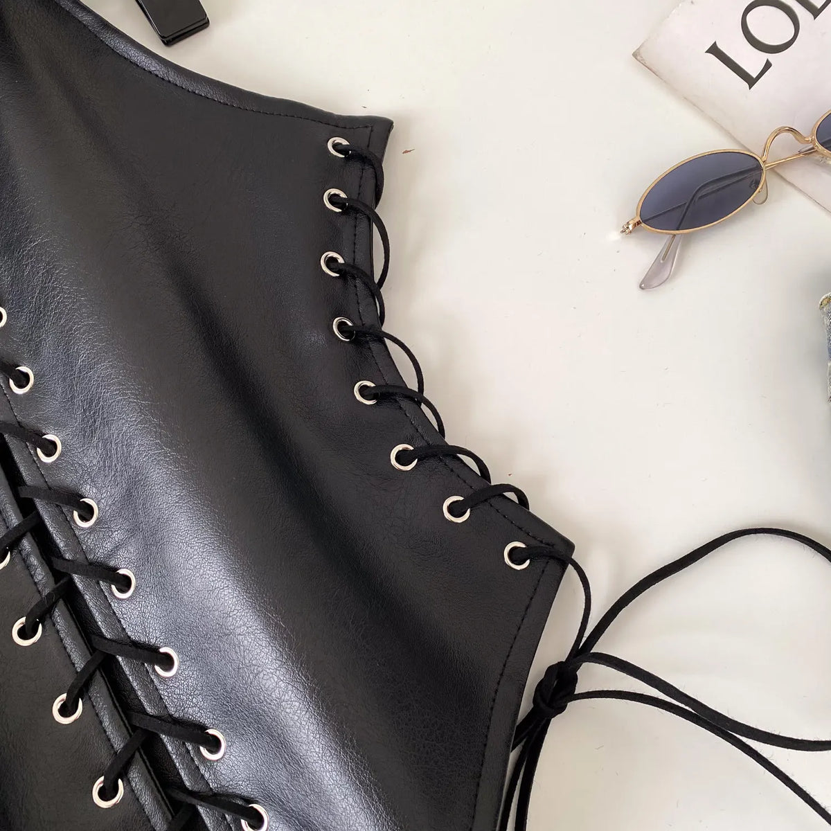 Retro Lace Up Faux Leather Sleeveless Bustier Top for Women