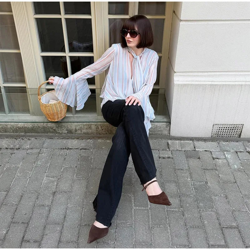 Casual Striped Long Flare Collar Cascading Ruffle Shirt for Women
