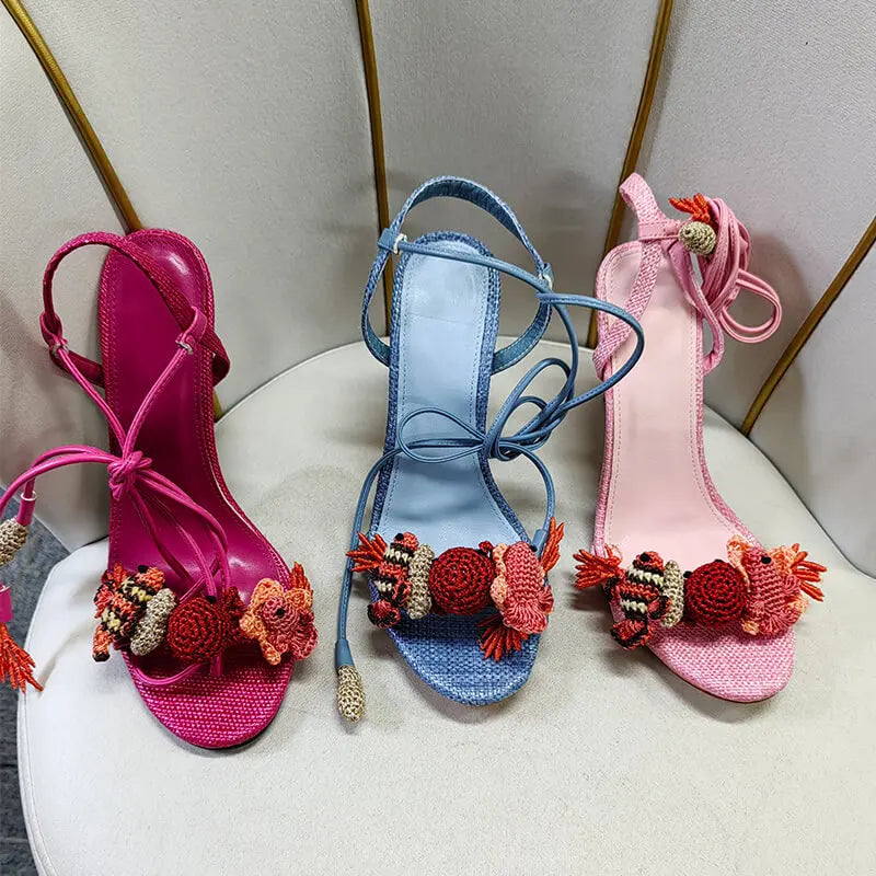 Pink Lace-Up Ankle Wrap Stiletto Sandals for Women