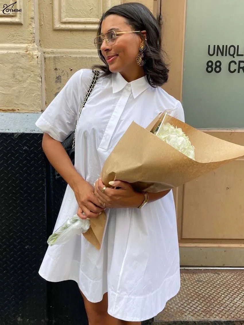 Oymimi Elegant White Cotton Dresses 2025 Woman Fashion Turn-Down Collar Half Sleeve Button Dress Casual Loose Mini Dress Female