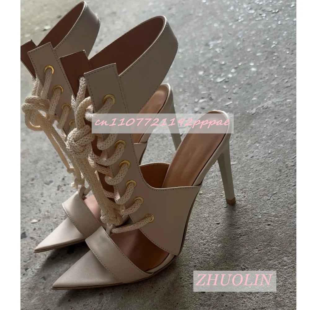 Apricot Leather Lace Up High Heel Sandals for Women
